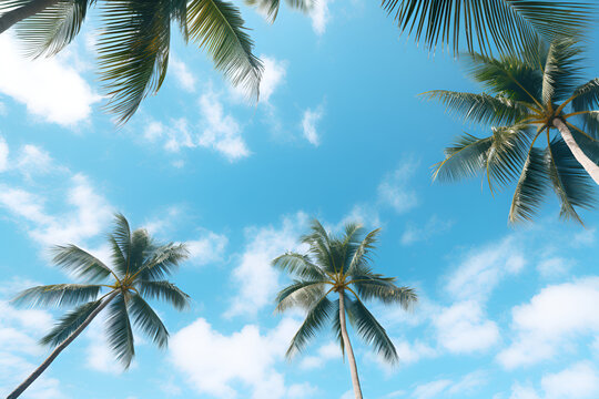 Tropical coconut palm trees with clear blue sky as copy space background low angle view. Generative AI