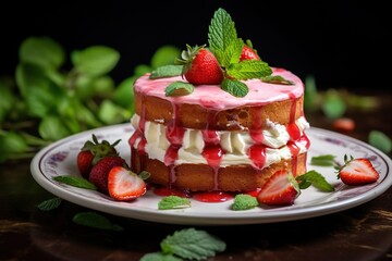 Strawberry cake with whipped cream and fresh strawberries on dark background.Generative Ai