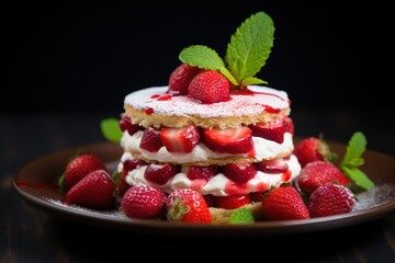 Strawberry cake with whipped cream and fresh strawberries on dark background.Generative Ai