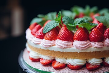Strawberry cake with whipped cream and fresh strawberries on dark background.Generative Ai