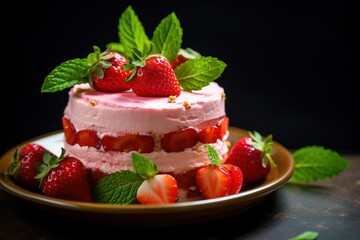 Strawberry cake with whipped cream and fresh strawberries on dark background.Generative Ai