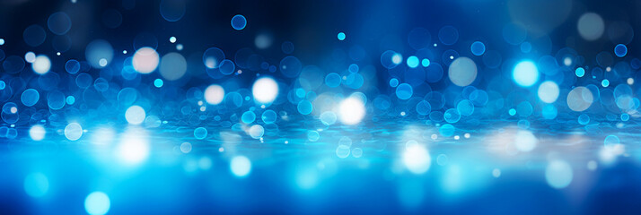 Blurred abstract blue bokeh background with defocused lights and stars.  - obrazy, fototapety, plakaty