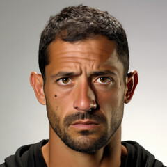 Fototapeta premium Professional head shot of a 36-year-old Latino man looking down and giving a thumbs up.