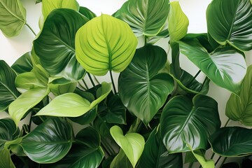 Tropical leaves background. Green houseplants in pots on white wall.