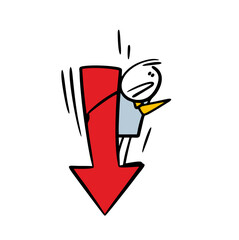 Frightened businessman clung to the arrow and rapidly falls down. Vector illustration of an unhappy man and financial collapse and problems in business.