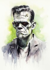 Frankenstein watercolor sketch, Halloween holidays