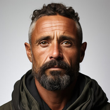 Professional studio head shot of a 44-year-old Aboriginal Australian man, with his eyes looking down left, showcasing his curiosity.