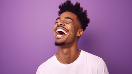 Colorful studio portrait of an attractive young man laughing happily. Bold, vibrant and minimalist. Generative AI - obrazy, fototapety, plakaty