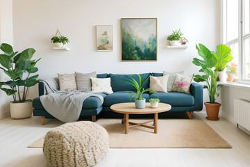 Interior of living room with cozy sofa, paintings and houseplants. Eco friendly style