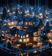 3d render of a city at night with lights on the houses