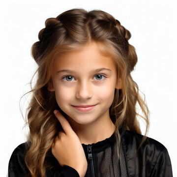 Professional studio head shot of a joyful 7-year-old Caucasian girl giving a thumbs up with her eyes looking left.