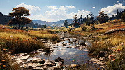 Hyper-realistic fantasy meadow in autumn with golden brown grass and a winding stream bordered by flat rocks.