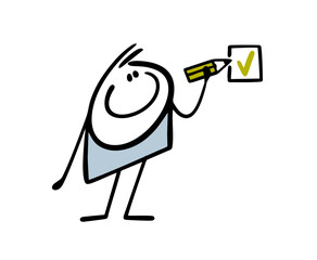 Happy stickman holds a pencil and puts a consent sign in a square. Vector illustration of doodle man confirms the document in writing.