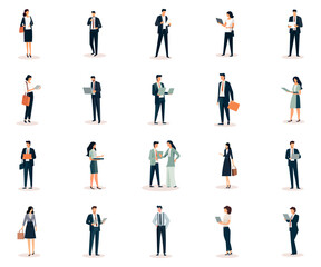 Fototapeta na wymiar Set of scenes with men and women taking part in business activities. Business character concept vector illustration. Business people in a flat style.
