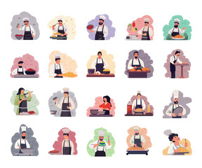Set of scenes professional restaurant chef activities. Contains like cook, chef character, culinary chef, sous chef, baker team, restaurant workers, food industry chef. Vector illustration.