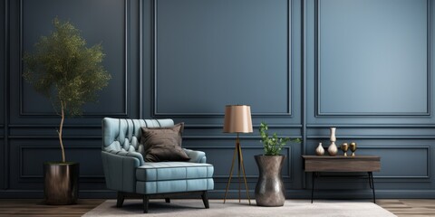 interior with blue armchair. 3d render illustration mock up