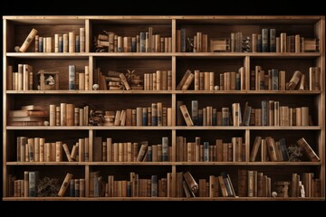 Wooden bookshelf with old books and decorations on black background