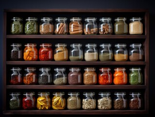 A shelf filled with lots of different types of spices in jars. Generative AI.
