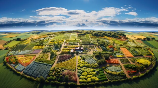 An aerial view of a rural vegetable garden. Generative AI.