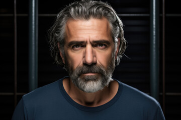 Obraz premium Portrait of a bearded man wearing a blue shirt, long hair, mature