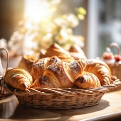 A basket full of croissants sitting on a table. Generative AI.