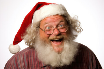 Old man wearing a Santa Claus hat and a white beard. The hat is red with a white fur trim and a white pompom, isolated on white background