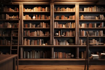Bookshelf with books in library interior. 3D Rendering