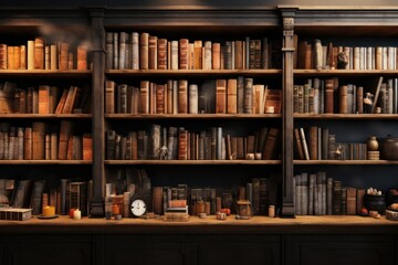Bookshelves in a library, vintage style, toned image