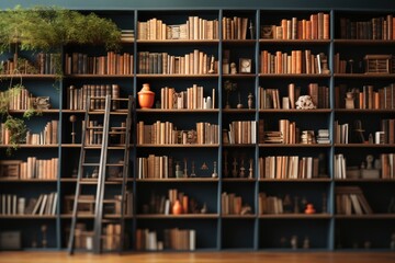 Bookshelf with different books and vase on wooden floor in room