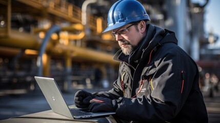 Fototapeta premium Factory worker in oil refinery using laptop computer for maintenance work