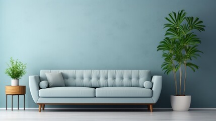 Cozy armchair, shelves and houseplants near a blue wall