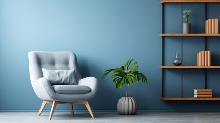 Cozy armchair, shelves and houseplants near a blue wall