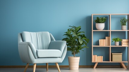 Cozy armchair, shelves and houseplants near a blue wall