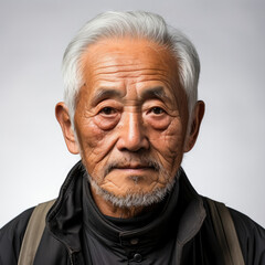 Obraz premium Professional studio headshot of an inquisitive 82-year-old East Asian man, eyes looking right.