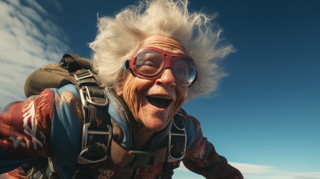 Crazy old woman practicing sky diving