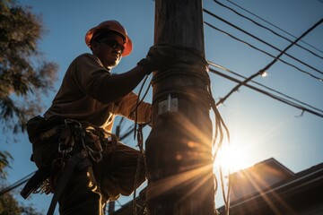 Electrician climbing a utility pole - obrazy, fototapety, plakaty