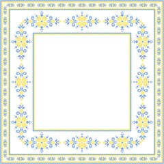 Vector illustration of Ukrainian ornament in ethnic style, identity, vyshyvanka, embroidery for print clothes, websites, banners. Background. Geometric design, border, copy space, frame