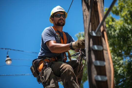 Electrician climbing a utility pole