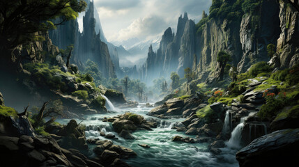 Naklejka na ściany i meble Hyper-realistic fantasy waterfall cascading into a misty forest.