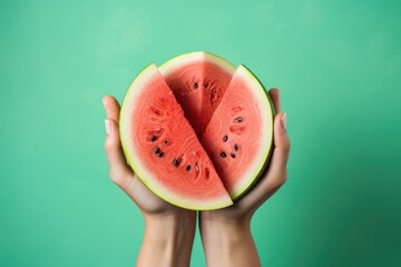 Female hands with slices of ripe watermelon on green background