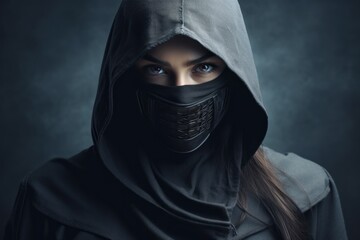 Naklejka premium Female ninja with sword on grey background