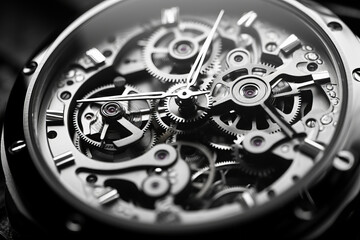 Black and white close view of watch mechanism