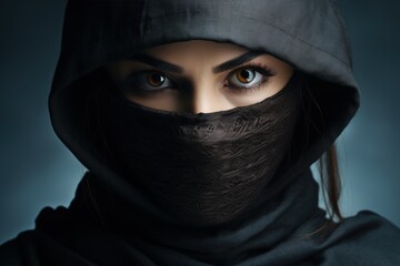 Naklejka premium Female ninja with sword on grey background