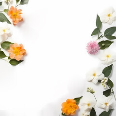 White background with spring flowers. Top view, copy space