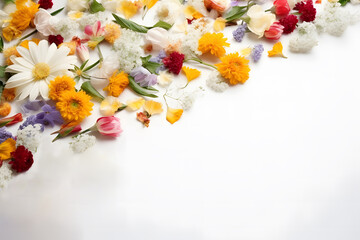 White background with spring flowers. Floral background. Top view, copy space