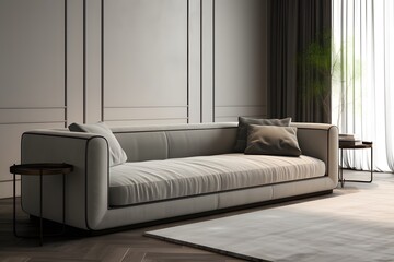 Fototapeta premium Modern living room interior design, minimalism with a gray sofa, metal table and flower.