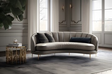 Modern interior design of the living room, in a minimalist style with a sofa, coffee table, in light colors.