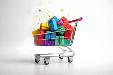 Metal cart with colorful gifts, shopping online for the holiday.