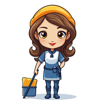 Cute Cartoon Housekeeper isolated on a white background