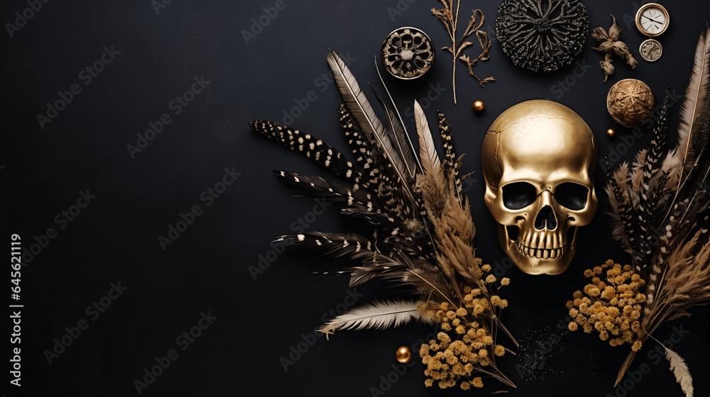 Wall mural Halloween decoration background, metal skull and feathers, witchcraft props, horror concept atmosphere background